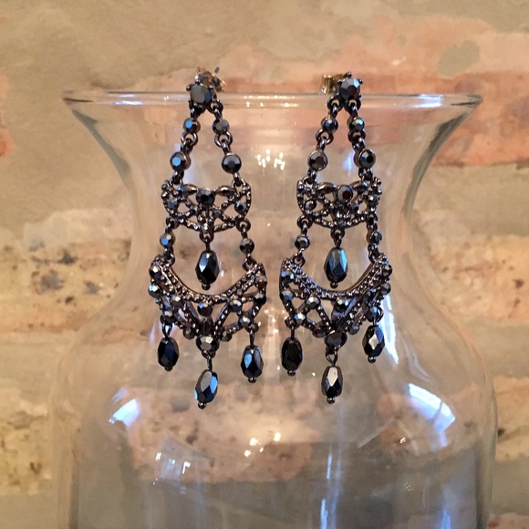 1928 Jewelry - 1928 Black & Silver Chandelier Statement Earrings
